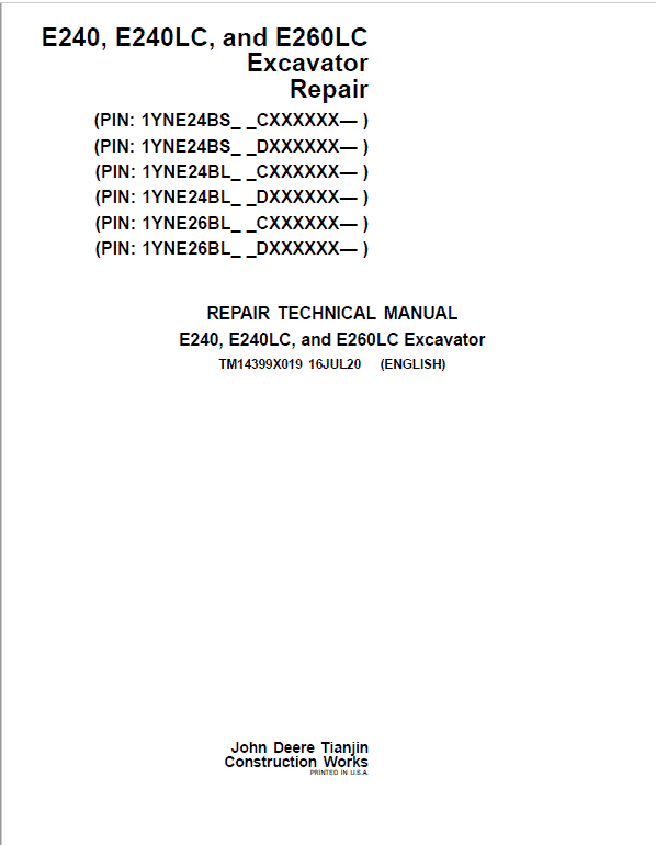 John Deere E240, E240LC, E260LC Excavator Repair Manual (See Applicable Serial) Workshop Guide