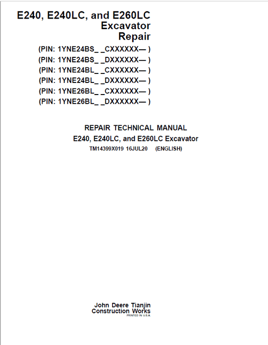 John Deere E240, E240LC, E260LC Excavator Repair Manual (See Applicable Serial) Workshop Guide