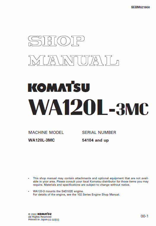 Komatsu WA120L-3, WA120L-3MC Wheel Loader Service Manual Workshop Guide
