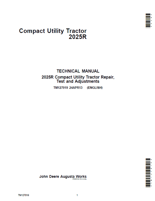 John Deere 2025R Compact Utility Tractor Repair Technical Manual (S.N 010001-) Workshop Guide