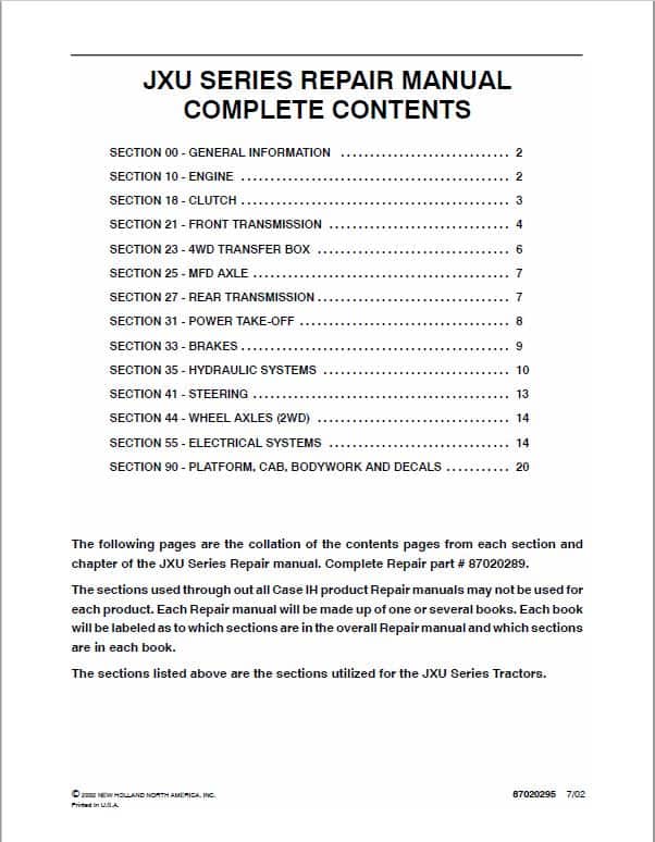 Case JXU70, JXU80, JXU90, JXU100 Tractor Service Manual Workshop Guide