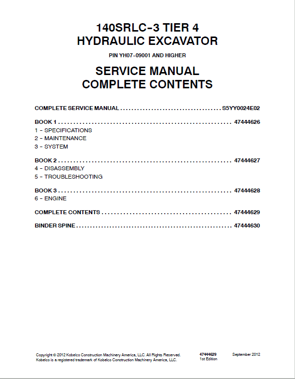 Kobelco 140SRCL-3 Tier 4 Hydraulic Excavator Repair Service Manual Workshop Guide