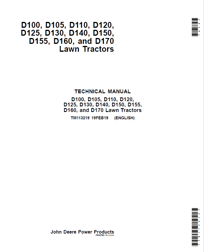 John Deere D100, D105, D110, D120, D125, D130, D140, D150, D155, D160, D170 Lawn Tractor Repair Manual Workshop Guide