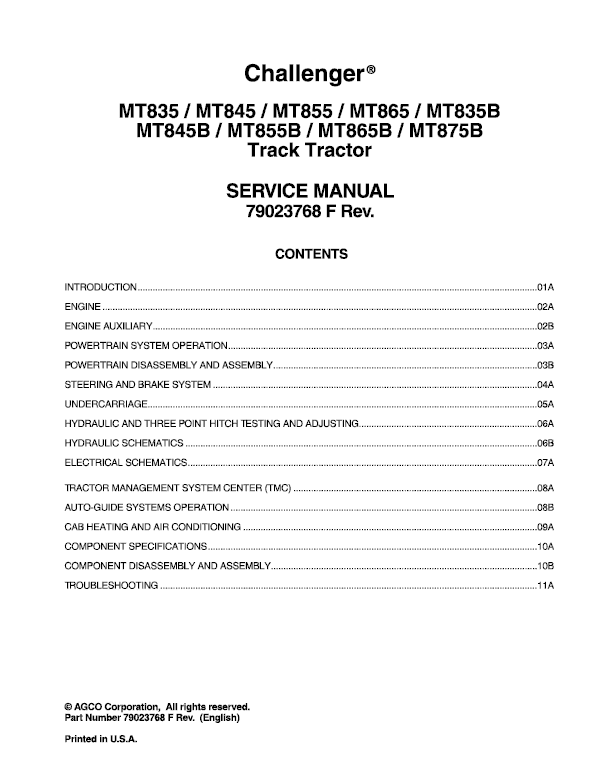 Challenger MT835, MT845, MT855, MT865 Tractor Service Manual Workshop Guide