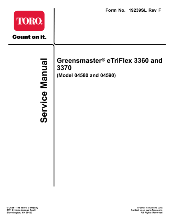 Toro Greensmaster 3360, 3370 eTriFlex (Models 04580, 04590) Service Repair Manual Workshop Guide