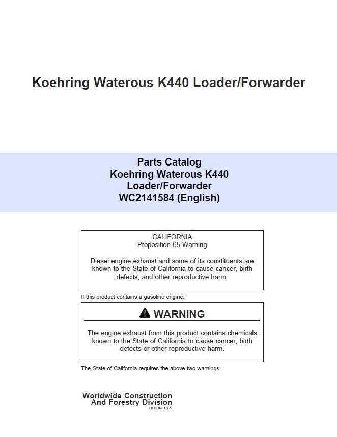 Koehring Waterous K440 Knuckleboom Loader Parts Catalog Manual Workshop Guide