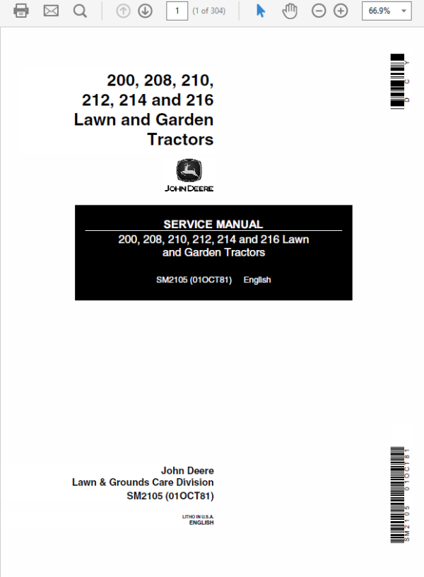 John Deere 200, 208, 210, 214, 216 Lawn Garden Service Manual (SM2105) Workshop Guide