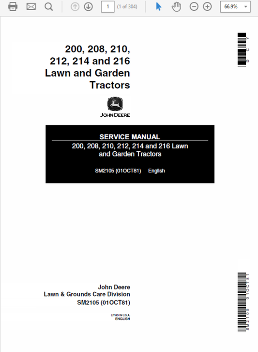 John Deere 200, 208, 210, 214, 216 Lawn Garden Service Manual (SM2105) Workshop Guide