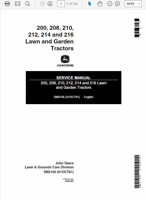 John Deere 200, 208, 210, 214, 216 Lawn Garden Service Manual (SM2105) Workshop Guide