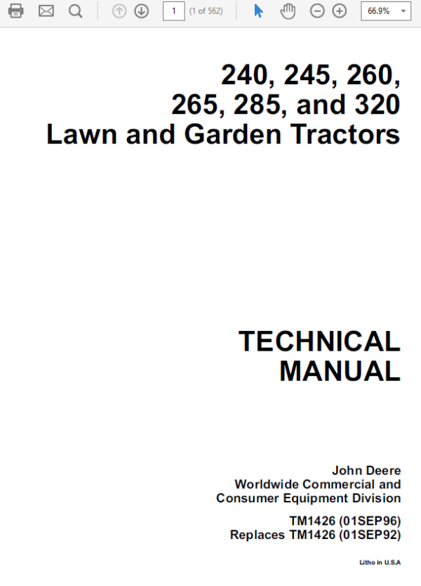 John Deere 240, 245, 260, 265, 285, 320 Lawn Garden Tractors Technical Manual Workshop Guide