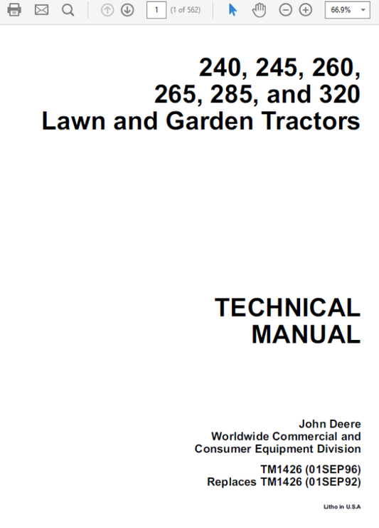 John Deere 240, 245, 260, 265, 285, 320 Lawn Garden Tractors Technical Manual Workshop Guide