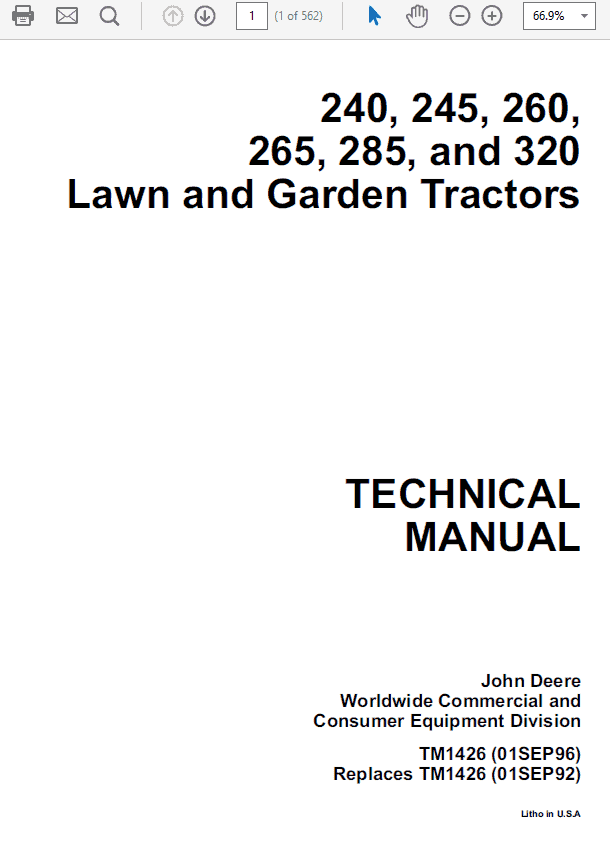 John Deere 240, 245, 260, 265, 285, 320 Lawn Garden Tractors Technical Manual Workshop Guide