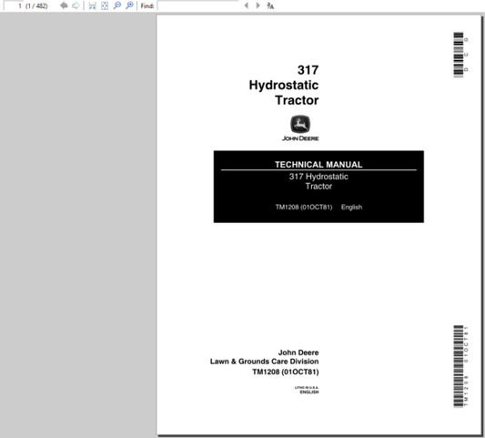 John Deere 317 Hydrostatic Tractor Technical Manual (TM1208) Workshop Guide