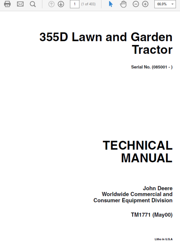 John Deere 355D Lawn Garden Tractor Technical Manual (TM1771) Workshop Guide