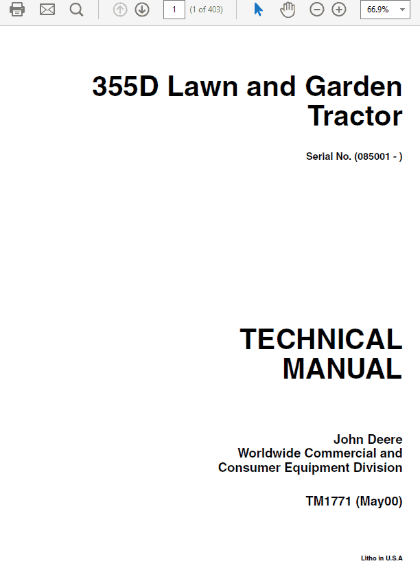John Deere 355D Lawn Garden Tractor Technical Manual (TM1771) Workshop Guide