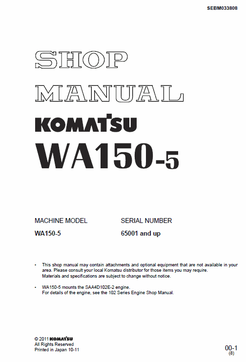Komatsu WA150-5 Wheel Loader Service Manual Workshop Guide
