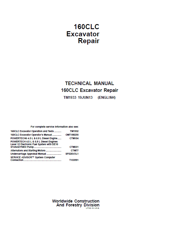 John Deere 160CLC Excavator Repair Technical Manual Workshop Guide