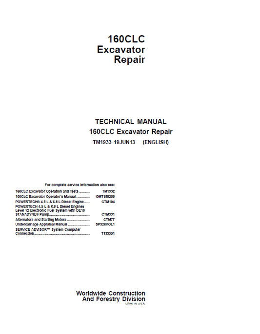 John Deere 160CLC Excavator Repair Technical Manual Workshop Guide