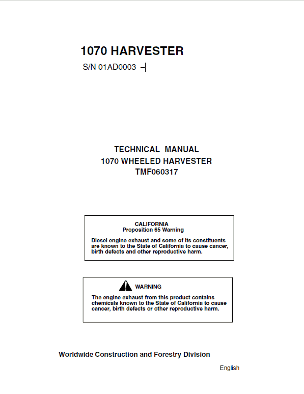 John Deere Timberjack 1070 Harvester Repair Technical Manual (S.N after 01AD0003 –) Workshop Guide