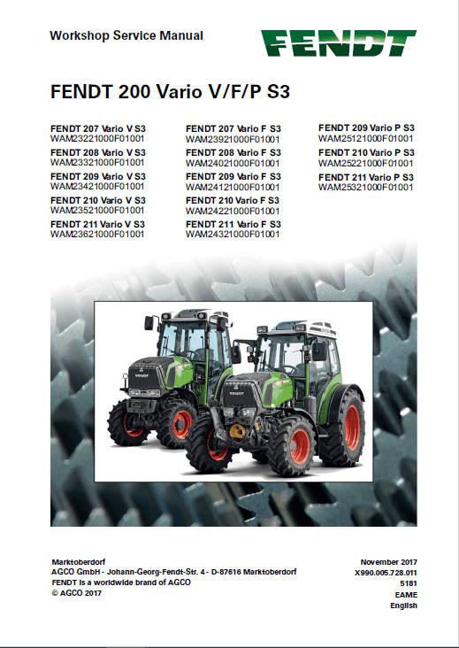 Fendt 207, 208, 209, 210, 211 Vario VFP S3 Tractors Workshop Repair Manual Workshop Guide