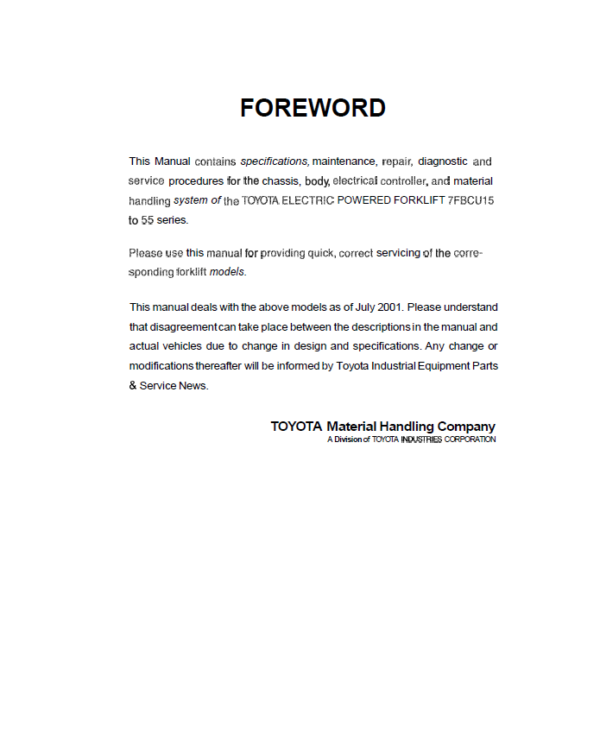 Toyota 6FGCU33, 6FGCU35, 6FGCU45 Forklift Service Repair Manual