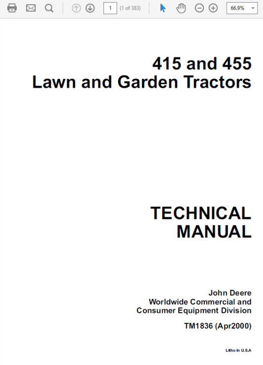 John Deere 415, 455 Lawn Garden Tractors Technical Manual (TM1836) Workshop Guide