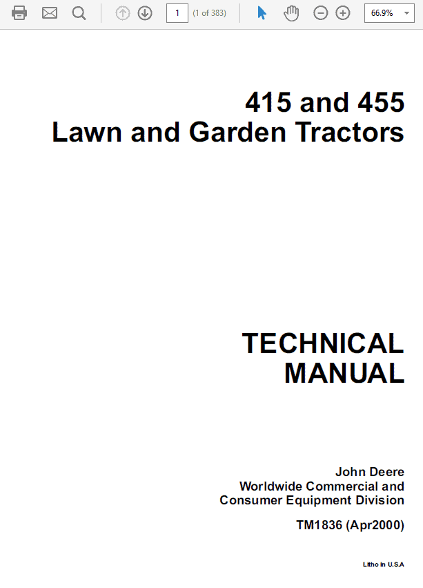 John Deere 415, 455 Lawn Garden Tractors Technical Manual (TM1836) Workshop Guide
