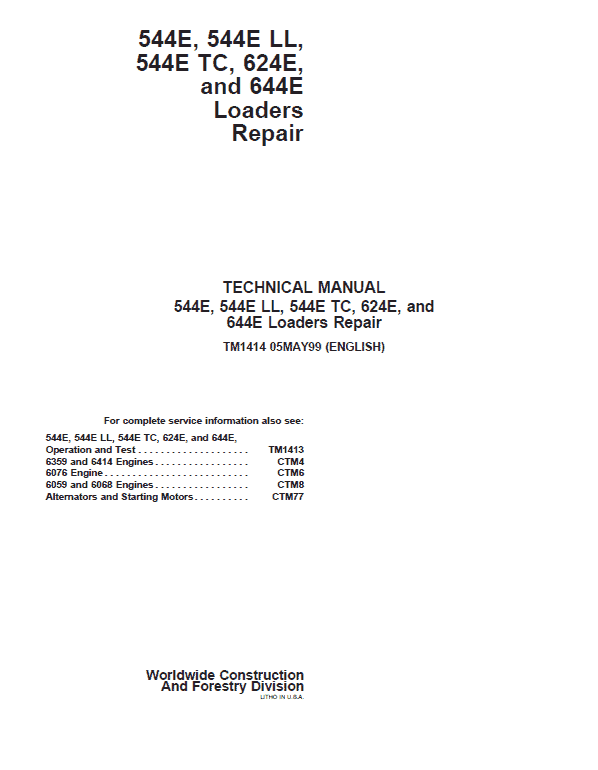 John Deere 544E, 544E LL, 544E TC, 624E, 644E Loader Technical Manual Workshop Guide