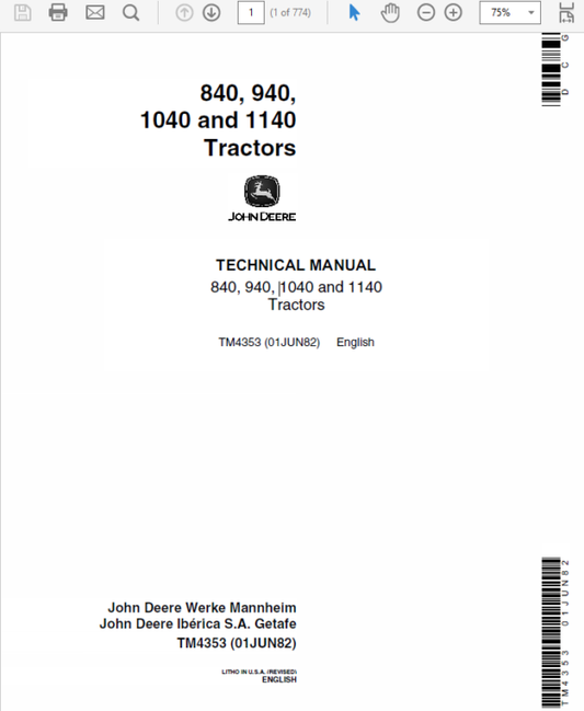 John Deere 840, 940, 1040, 1140 Tractors Technical Manual (TM4353) Workshop Guide