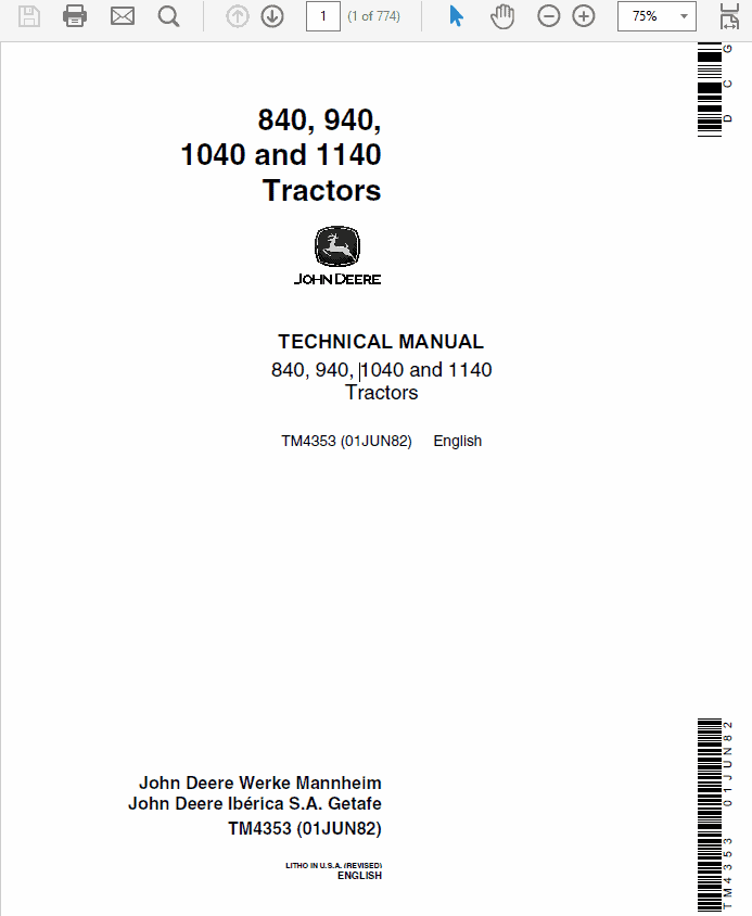 John Deere 840, 940, 1040, 1140 Tractors Technical Manual (TM4353) Workshop Guide