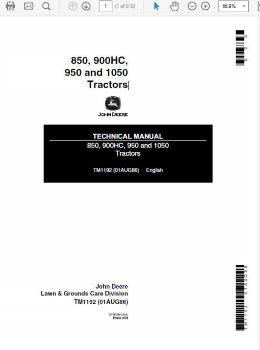 John Deere 850, 900HC, 950, 1050 Tractors Technical Manual (TM1192) Workshop Guide