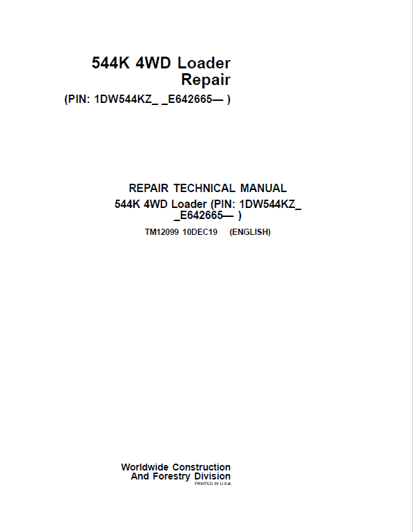 John Deere 544K 4WD Loader Technical Manual (SN. after E642665) Workshop Guide