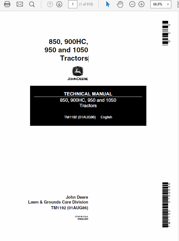 John Deere 850, 900HC, 950, 1050 Tractors Technical Manual (TM1192) Workshop Guide