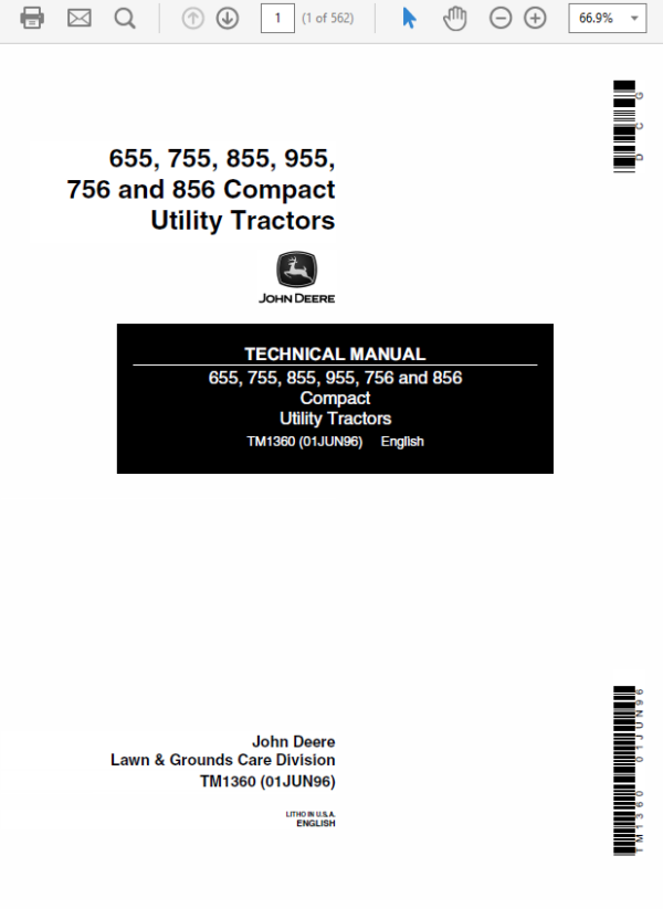 John Deere 655, 755, 855, 955, 756 and 856 Compact Tractors (TM1360) Workshop Guide