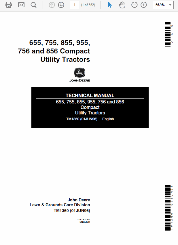 John Deere 655, 755, 855, 955, 756 and 856 Compact Tractors (TM1360) Workshop Guide