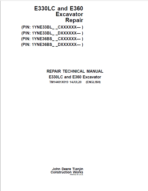 John Deere E330LC, E360 Excavator Repair Manual (S.N after CXXXXXX – & DXXXXXX -) Workshop Guide