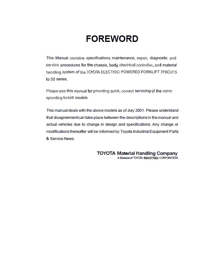 Toyota 6FGCU33, 6FGCU35, 6FGCU45 Forklift Service Repair Manual