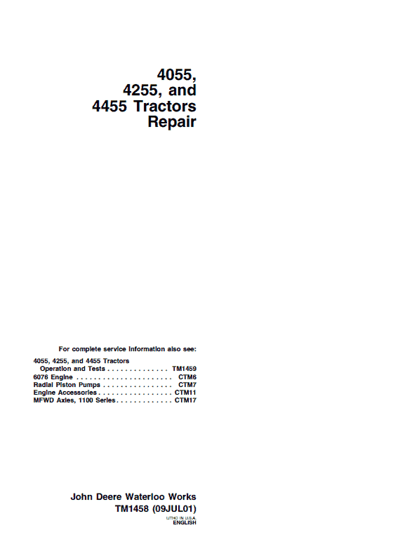 John Deere 4055, 4255, 4455 Tractors Repair Technical Manual Workshop Guide