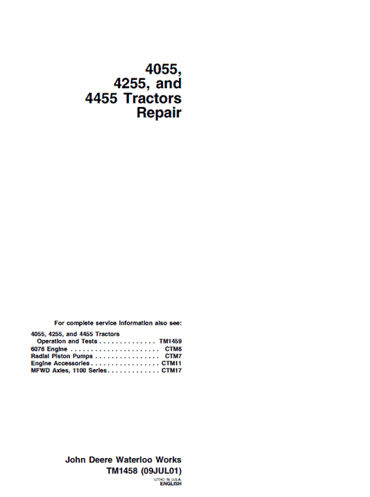 John Deere 4055, 4255, 4455 Tractors Repair Technical Manual Workshop Guide