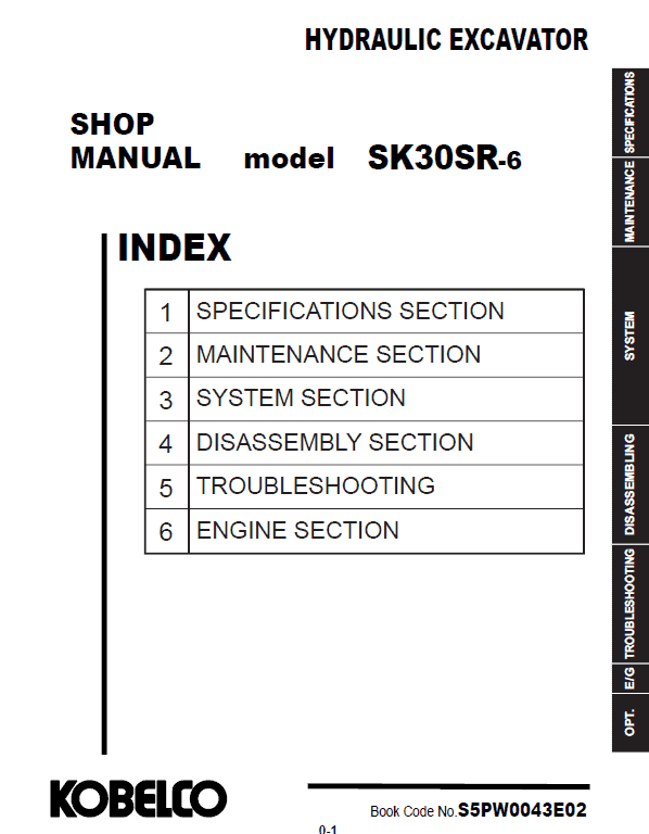 Kobelco SK30SR-6 Hydraulic Excavator Repair Service Manual Workshop Guide