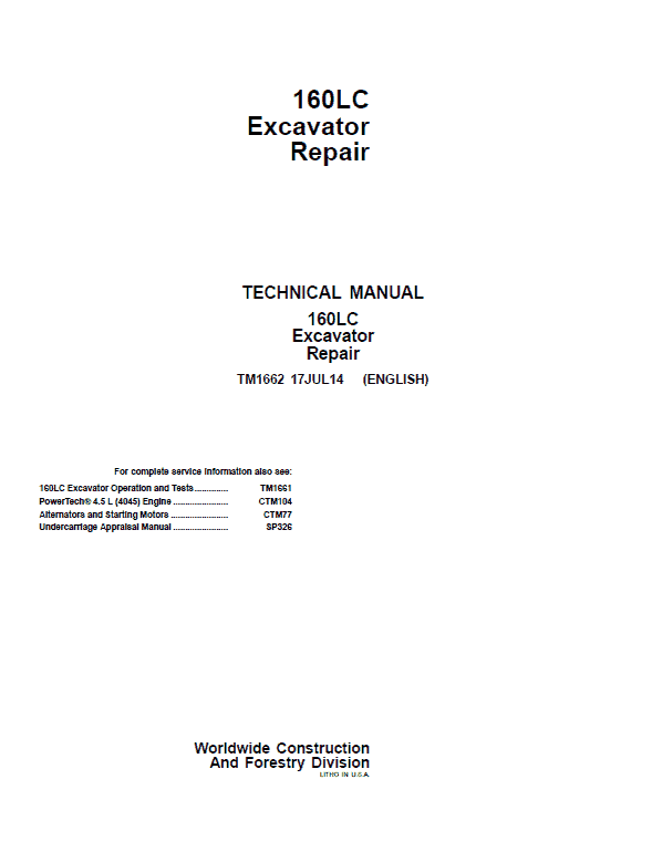 John Deere 160LC Excavator Repair Technical Manual Workshop Guide