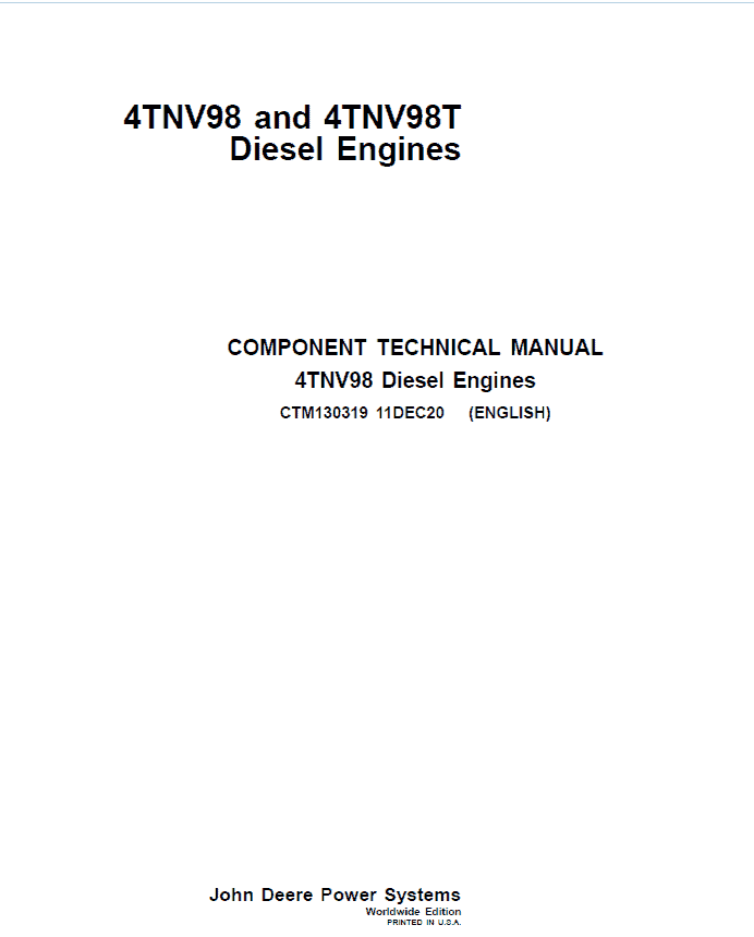 John Deere 4TNV98, 4TNV98T Diesel Engines Repair Manual (CTM130319) Workshop Guide