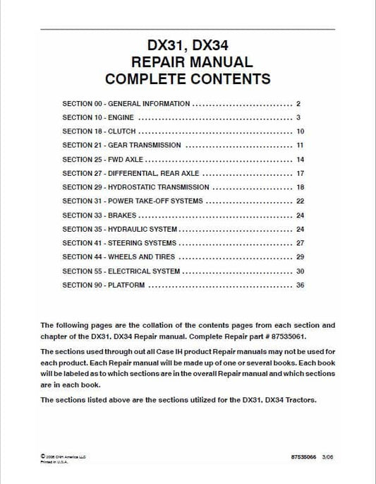 Case DX31, DX34 Tractor Service Manual Workshop Guide