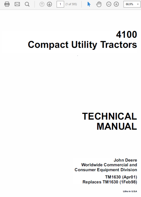 John Deere 4100 Compact Utility Tractors Technical Manual (TM1630) Workshop Guide