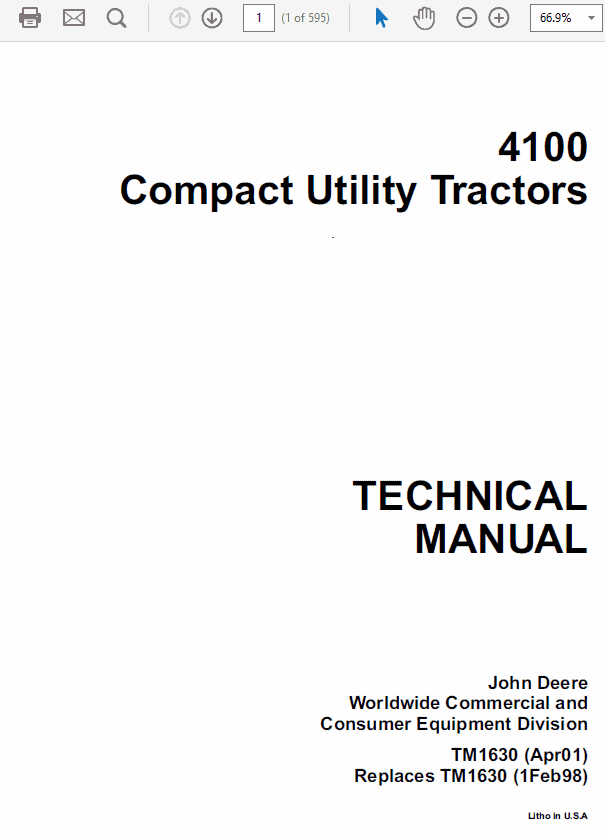John Deere 4100 Compact Utility Tractors Technical Manual (TM1630) Workshop Guide