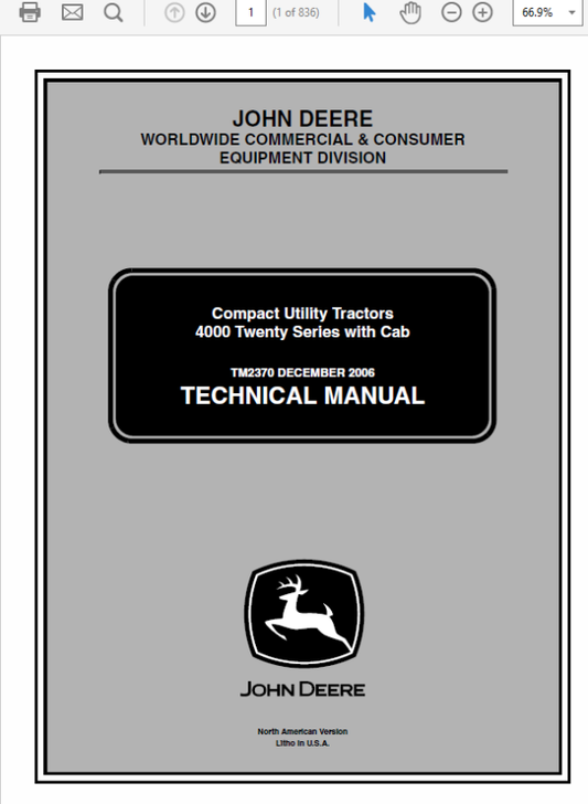 John Deere 4120, 4320, 4520, 4720 Compact Utility Tractor Technical Manual (With Cab) Workshop Guide
