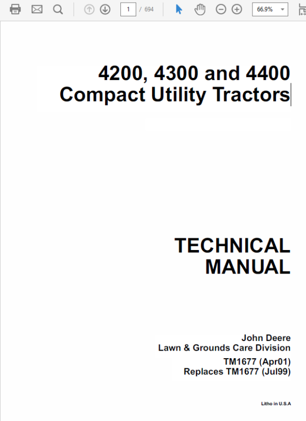 John Deere 4200, 4300, 4400 Compact Utility Tractors Technical Manual Workshop Guide