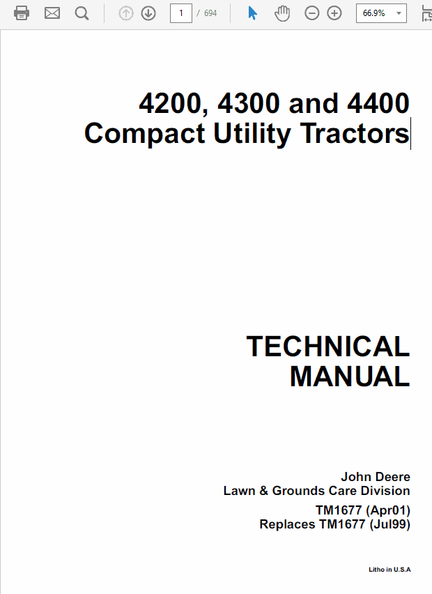 John Deere 4200, 4300, 4400 Compact Utility Tractors Technical Manual Workshop Guide
