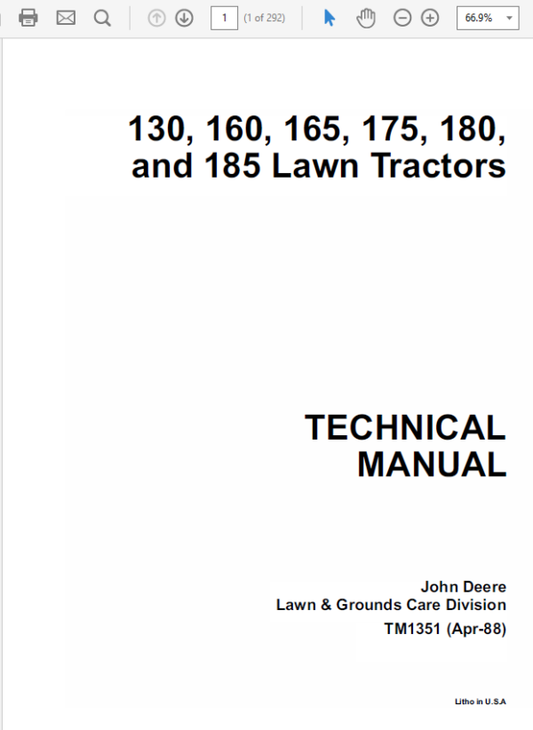 John Deere 130, 160, 165, 175, 180, 185 Lawn Tractors Technical Manual Workshop Guide