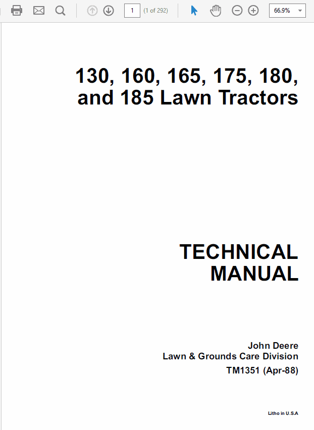 John Deere 130, 160, 165, 175, 180, 185 Lawn Tractors Technical Manual Workshop Guide